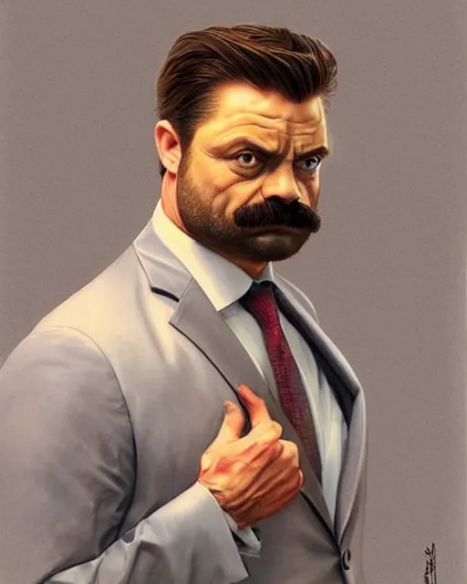 Prompt: gigachad ron swanson bodybuilder in the office wearing a suit by ilya, ernest khalimov body by krista sudmalis, super mario bros symmetrical face concept art, hyper realistic, intricate, elegent, highly detailed, digital painting, concept art, smooth, sharp, focus, illustration, art by artgerm and greg rutkowski and alphonse mucha, artstation