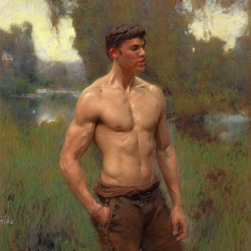 Image similar to young man by the river, muscular, detailed face, correct face, painting by Gaston Bussiere, Craig Mullins