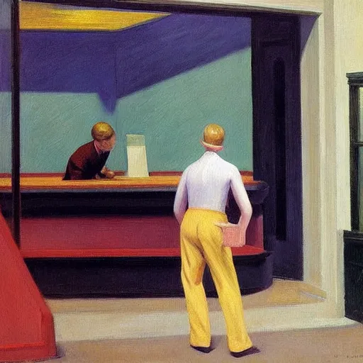 Prompt: a detailed painting, blonde man at a store, edward hopper,