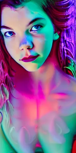 Image similar to portrait of a beautiful girl + anya taylor - joy floating under the deep dream water, colorful lighting + white petal, by personal photography, art by brookskim, closeup, 4 k, highly detailed, instagram,