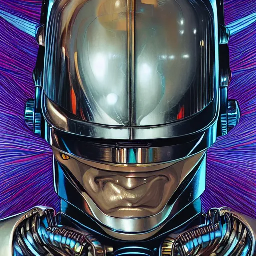 Image similar to portrait closeup of crazy robocop, symmetrical, cinematic colors, by yoichi hatakenaka, masamune shirow, josan gonzales and dan mumford, ayami kojima, takato yamamoto, barclay shaw, karol bak, yukito kishiro