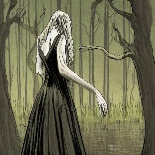 Prompt: tall slender woman with long grey hair in a black dress walking out of a swamp, concept art, high resolution, high quality, highly detailed, elaborate, by ec comics,