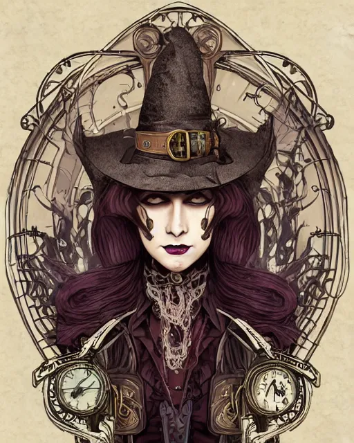 Image similar to a detailed portrait illustration of a steampunk witch - necromancer. distinguished face. random gender. art nouveau, pop art, comic book style. influenced by neil gaiman, h. p. lovecraft, tim burton, brian froud, vadim voitekhovitch, killian eng, ross tran.