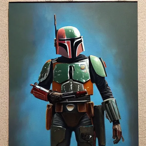 Image similar to Boba Fett staring at his bounty target from a distance, oil painting