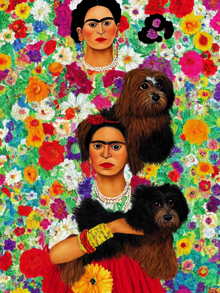Image similar to portrait of a cream colored havanese dog dressed as frida kahlo, surreal background, naive art, by frida kahlo