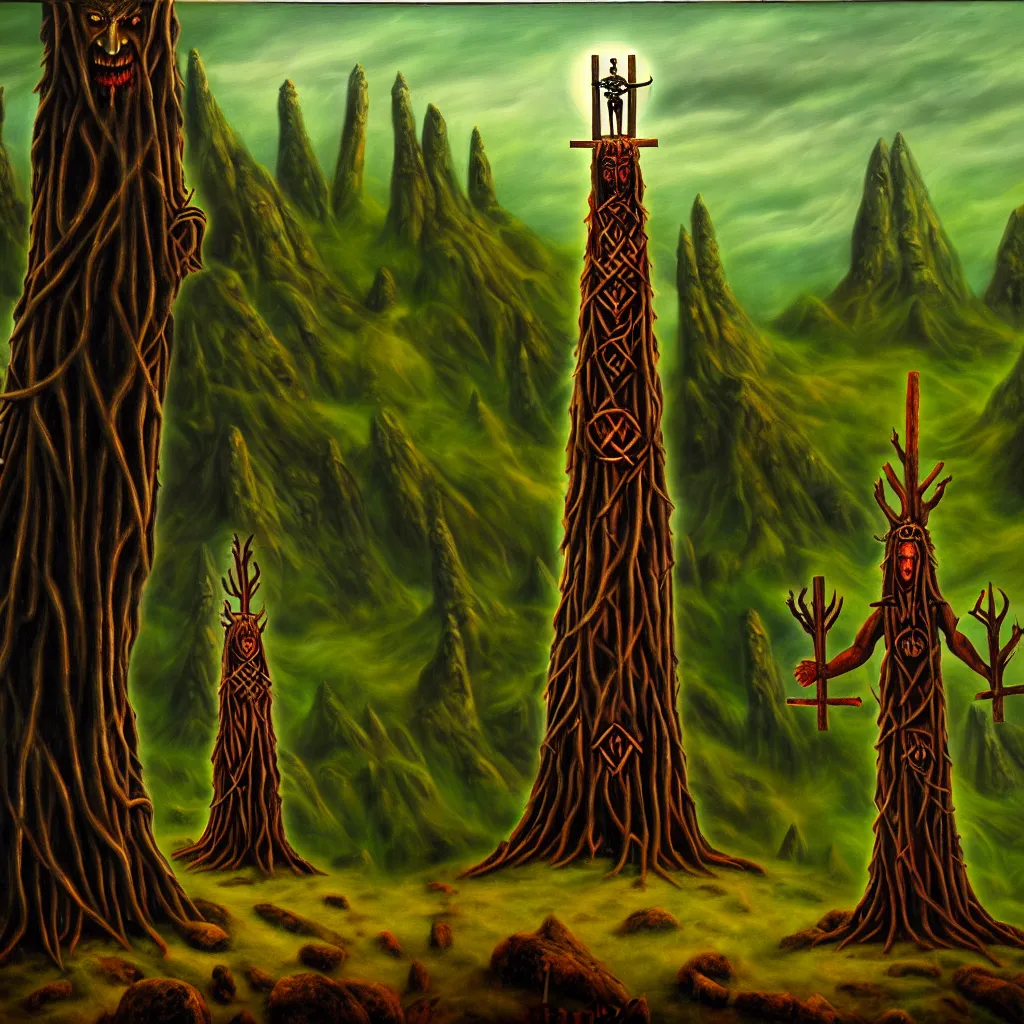 Prompt: evil druids ritual, wood totem, on a hill, a detailed matte painting, fantasy, depth of field, grim, dark, oil on canvas