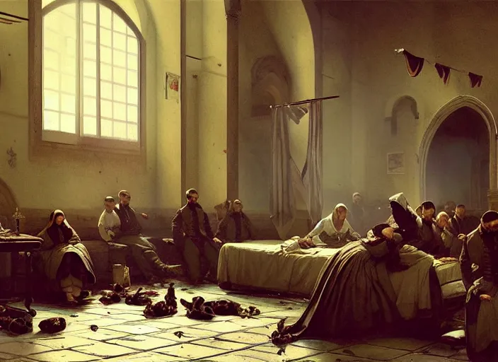 Prompt: 1 8 5 4 crimea, florence nightingale, army hospital in scutari, overcrowded, filthy, blocked drains, broken toilets, rats, many wounded soldiers, sleep dirty floor, grimy walls, finely detailed perfect art, painted by greg rutkowski mengo yokoyari