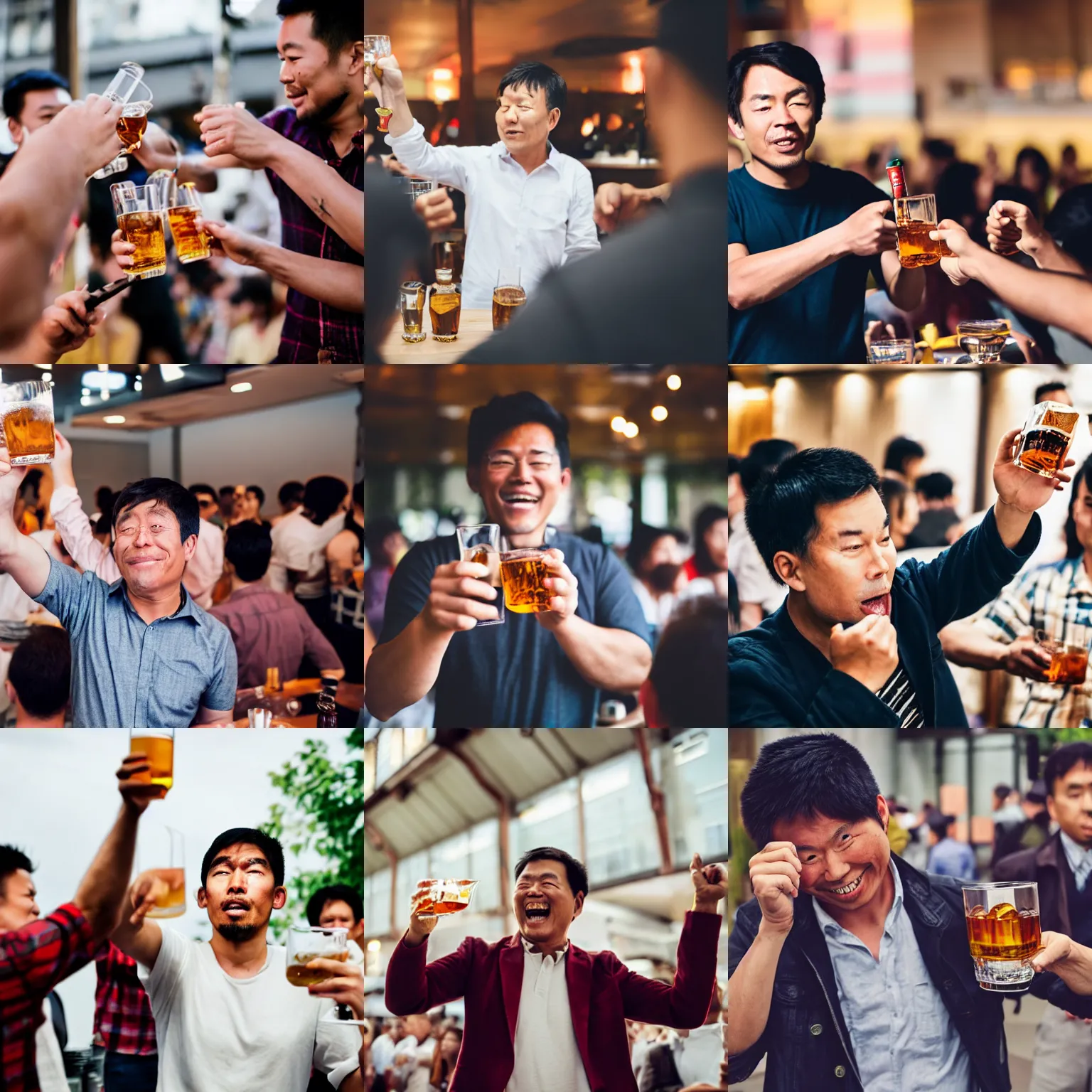 Prompt: asian man drinking whiskey standing up and saying cheers to a crowd