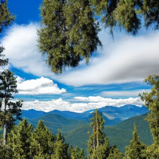 Prompt: a bluish green mountain range covered in trees. large cumulonimbus clouds are seen overhead in the blue sky.