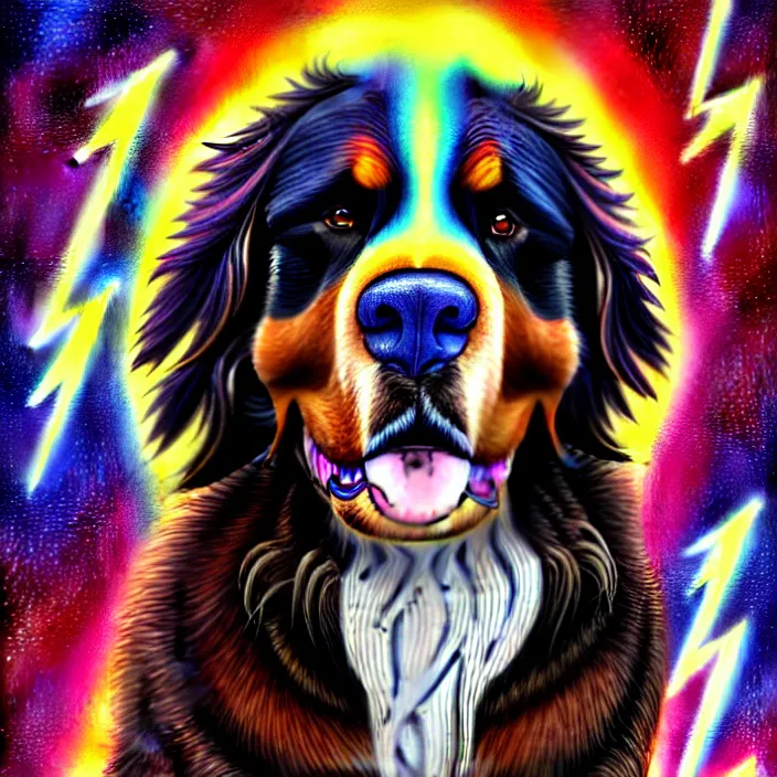 Prompt: an anthropomorphic male bernese mountain dog as zeus, shooting lightning bolts from his paws, by alex grey, intricate details, artstation, furry, psychedelic, hd, beautiful