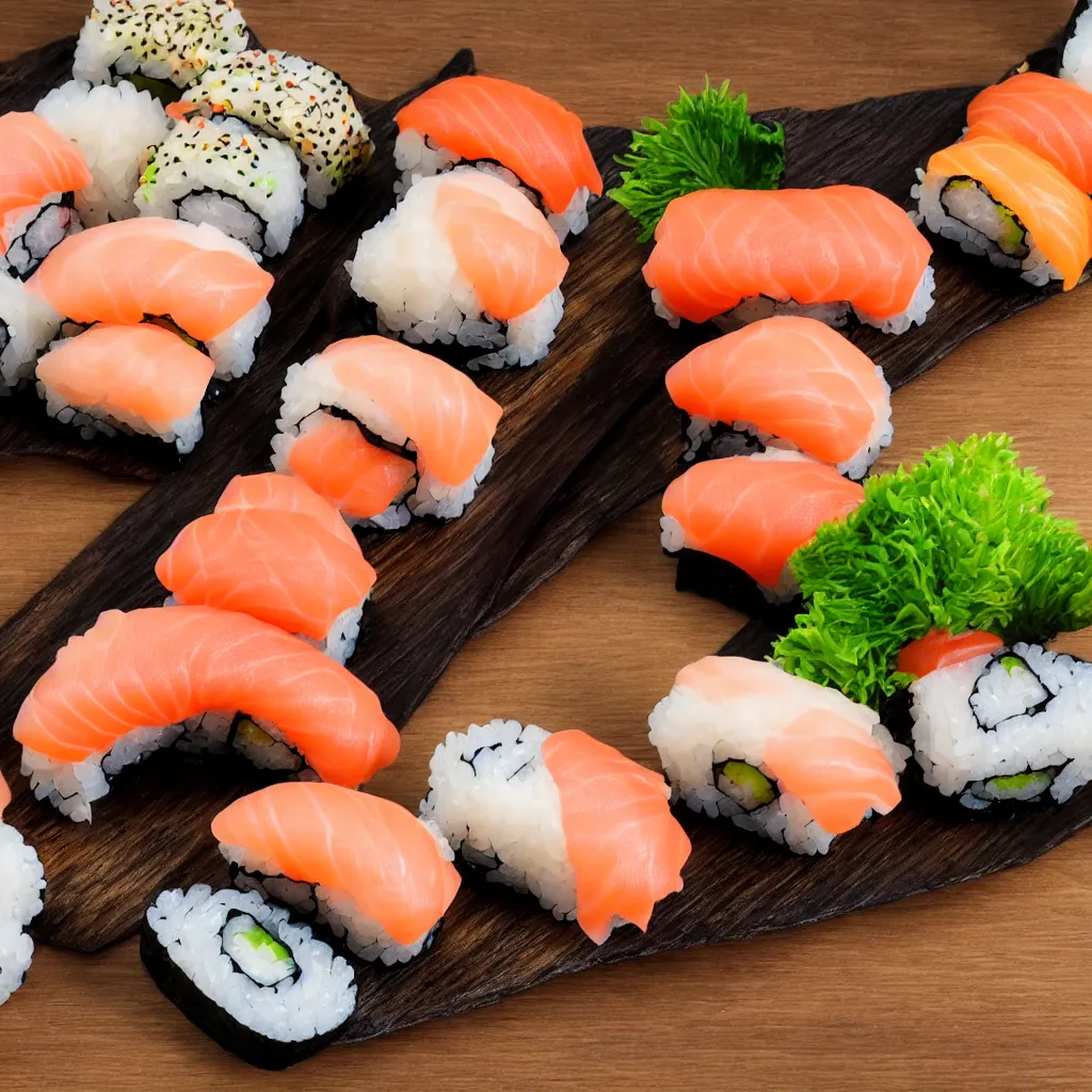 Prompt: close-up view of sushi on top of a wooden table, 8k, high detail, photorealistic, proper shading
