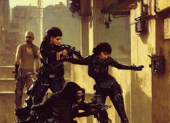 Prompt: Maria evades pvt griggs and tavish. Cyberpunk hacker escaping Menacing Cyberpunk corporate security officers. (dystopian, police state, Cyberpunk 2077, bladerunner 2049). Iranian orientalist portrait by john william waterhouse, Edwin Longsden Long, Theodore Ralli and Nasreddine Dinet, oil on canvas. Cinematic, vivid colors, hyper realism, realistic proportions, dramatic lighting, high detail 4k