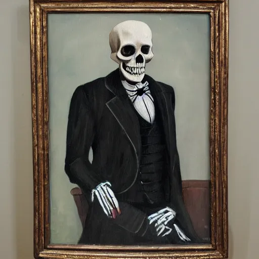 Prompt: oil portrait of scary cary, elegant necromancer skeleton, wearing a victorian suit