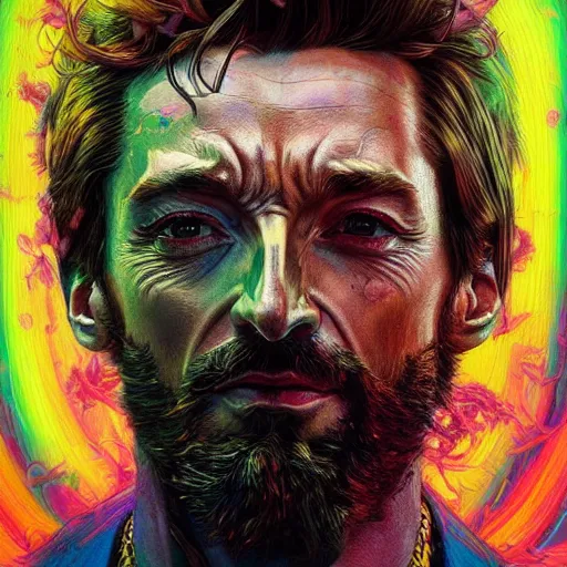 Image similar to portrait of hugh jackman, hyper detailed masterpiece, neon floral pattern, jean giraud, digital art painting, darkwave goth aesthetic, psychedelic, artgerm, donato giancola and tom bagshaw