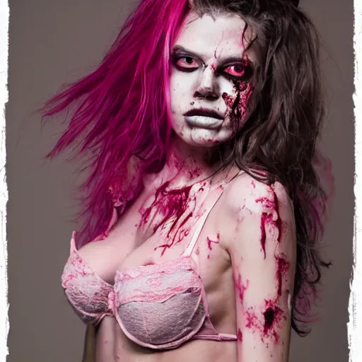 Image similar to a dirty grungy zombie girl wearing pink lace victoria secret, studio portrait,