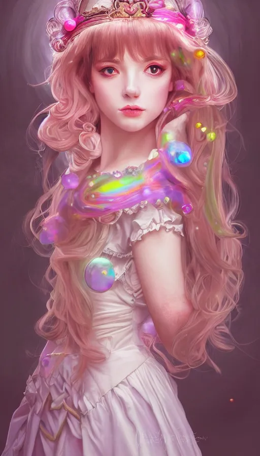 Prompt: portrait of magical lolita girl, dreamy and ethereal, expressive pose, big pink eyes, exciting expression, fantasy, intricate, elegant, many rainbow bubbles, rose tones, highly detailed, digital painting, artstation, concept art, cyberpunk wearing, smooth, sharp focus, illustration, art by artgerm and greg rutkowskiand alphonse mucha