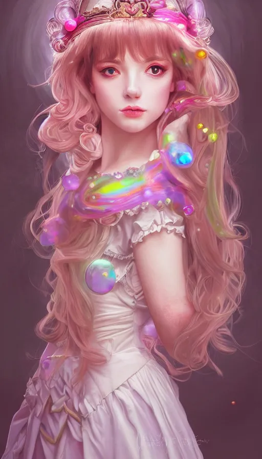 Image similar to portrait of magical lolita girl, dreamy and ethereal, expressive pose, big pink eyes, exciting expression, fantasy, intricate, elegant, many rainbow bubbles, rose tones, highly detailed, digital painting, artstation, concept art, cyberpunk wearing, smooth, sharp focus, illustration, art by artgerm and greg rutkowskiand alphonse mucha