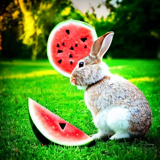 Prompt: a cute rabbit eating watermelon on the green meadow, style by roman shipunov