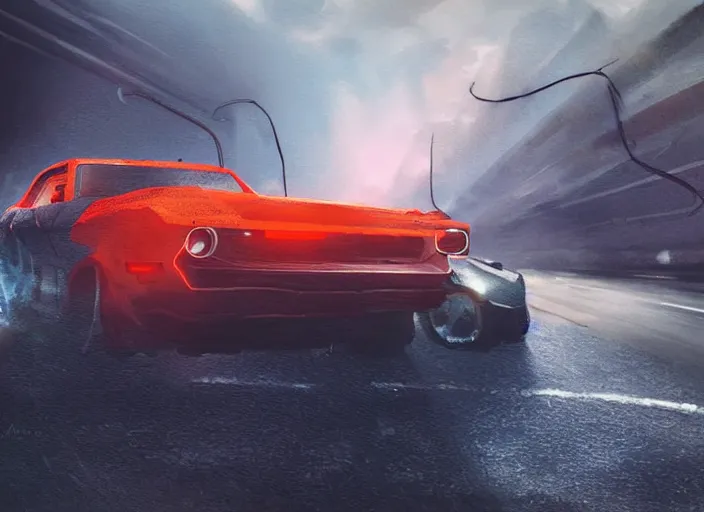 Image similar to a scary muscle car with weapons and nitrous speeding through a highway and crashing cars off the road, intense cinematic digital painting with masterful composition and brush strokes