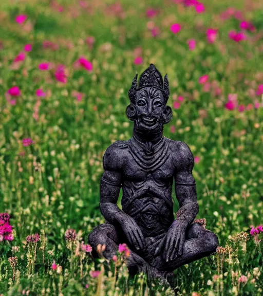 Prompt: mystical black death god figure statue in tall meadow of flowers, film photo, grainy, high detail, high resolution