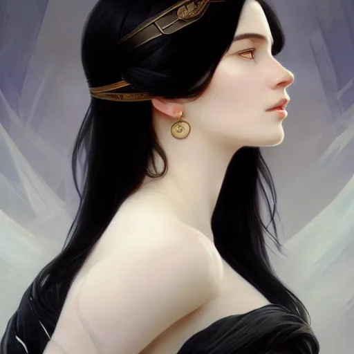 Image similar to a black haired woman with pale skin and dark eyes, intricate, elegant, highly detailed, digital painting, artstation, concept art, smooth, sharp focus, illustration, art by artgerm and greg rutkowski and alphonse mucha