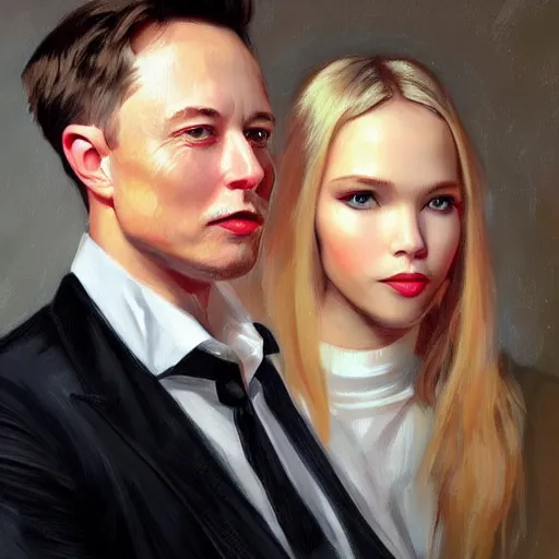 Prompt: Portrait of sasha luss and elon musk, in the style of Konstantin Razumov, extremely detailed