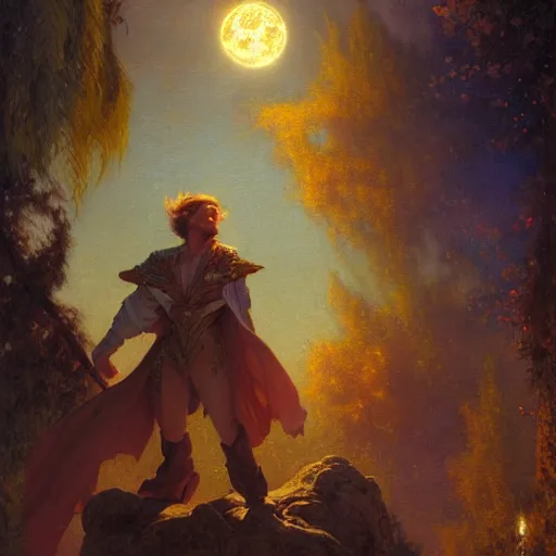 Image similar to attractive male wizard magically floating in the night, fantasy, full moon in background. highly detailed painting by gaston bussiere, craig mullins, j. c. leyendecker, mid shot, 8 k