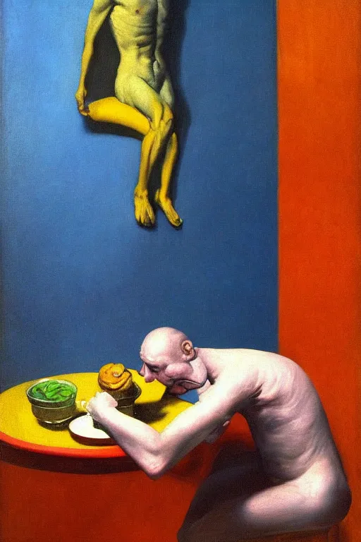 Image similar to portrait of a man who wants to eat himself, but he can't do it, because he's not sugary, hauntingly surreal, highly detailed oil painting, by francis bacon, edward hopper, adrian ghenie, red and yellow and blue colour palette, cinematic composition, masterpiece