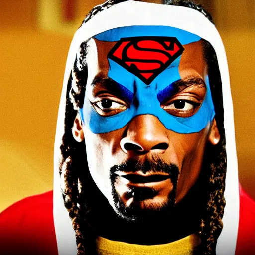 Image similar to snoop dogg as superman, movie still, photograph, high quality, 4K