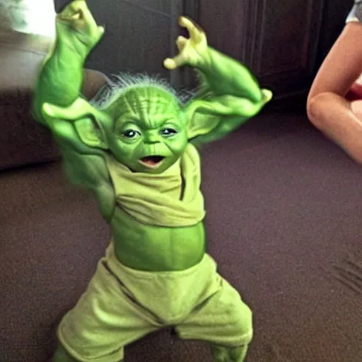 Image similar to baby yoda transforming into hulk