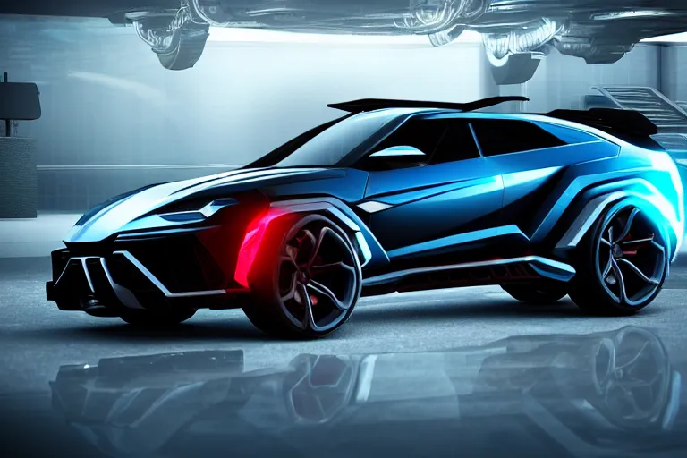 Image similar to cyberpunk lamborghini urus concept inspired sports car, futuristic look, highly detailed body, very expensive, photorealistic camera shot, bright studio setting, studio lighting, crisp quality and light reflections, unreal engine 5 quality render