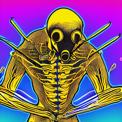 Image similar to human man that resembles a wasp morh in surreal sketch style, blue and yellow gradient, noise, ultrafine detail, hd 8k, logo illustration