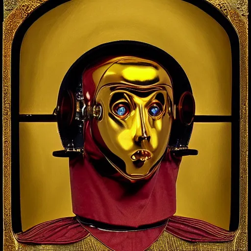 Prompt: a portrait of a shiny metallic renaissance steampunk robot, in the style of Jan van Eyck,