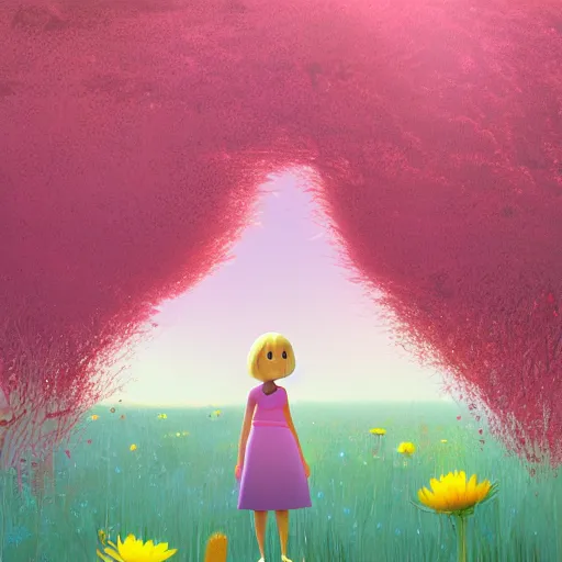 Image similar to organic by goro fujita. a digital art of a young girl with blonde hair, blue eyes, & a pink dress. she is standing in a meadow with flowers & trees.