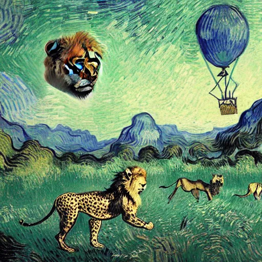 Image similar to cheetah and a lion run through the forest and see a mountain of balloons , concept art, huge scale, high detail, sci fi by van gogh