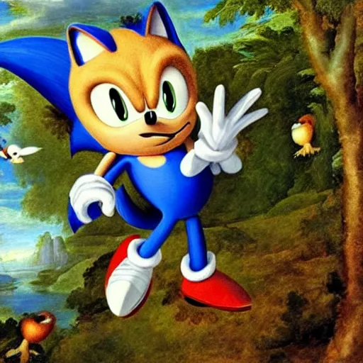 Image similar to renaissance painting sonic the hedgehog going fast through forest with excited birds flying behind, realistic, oil paint, green forest