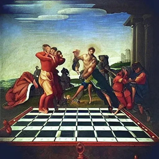 Prompt: “a renaissance painting of the heroic final battle between a dull clerk in a grey suit and a cyborg robot, the fight is happening on a life sized chessboard”