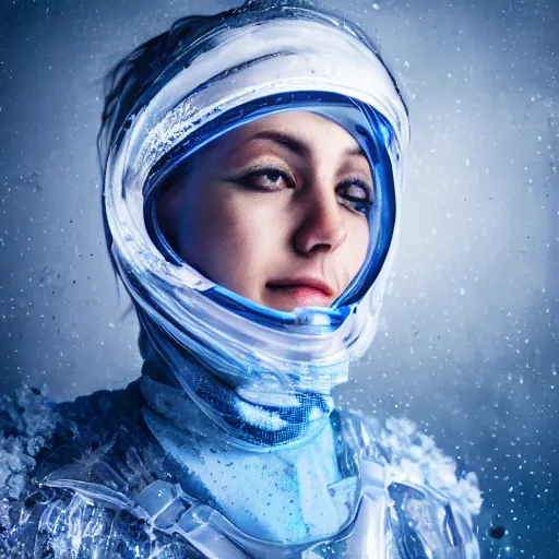 Image similar to futuristic female soldier eyes closed partly submerged in highly viscous clear fluid, frost particles, ice needles, cold blue light, complex hyperdetailed technical suit. white hair flowing. reflection. rays and dispersion of light. volumetric light. 5 0 mm, f / 3 2. noise film photo. ultra realistic, wide angle.