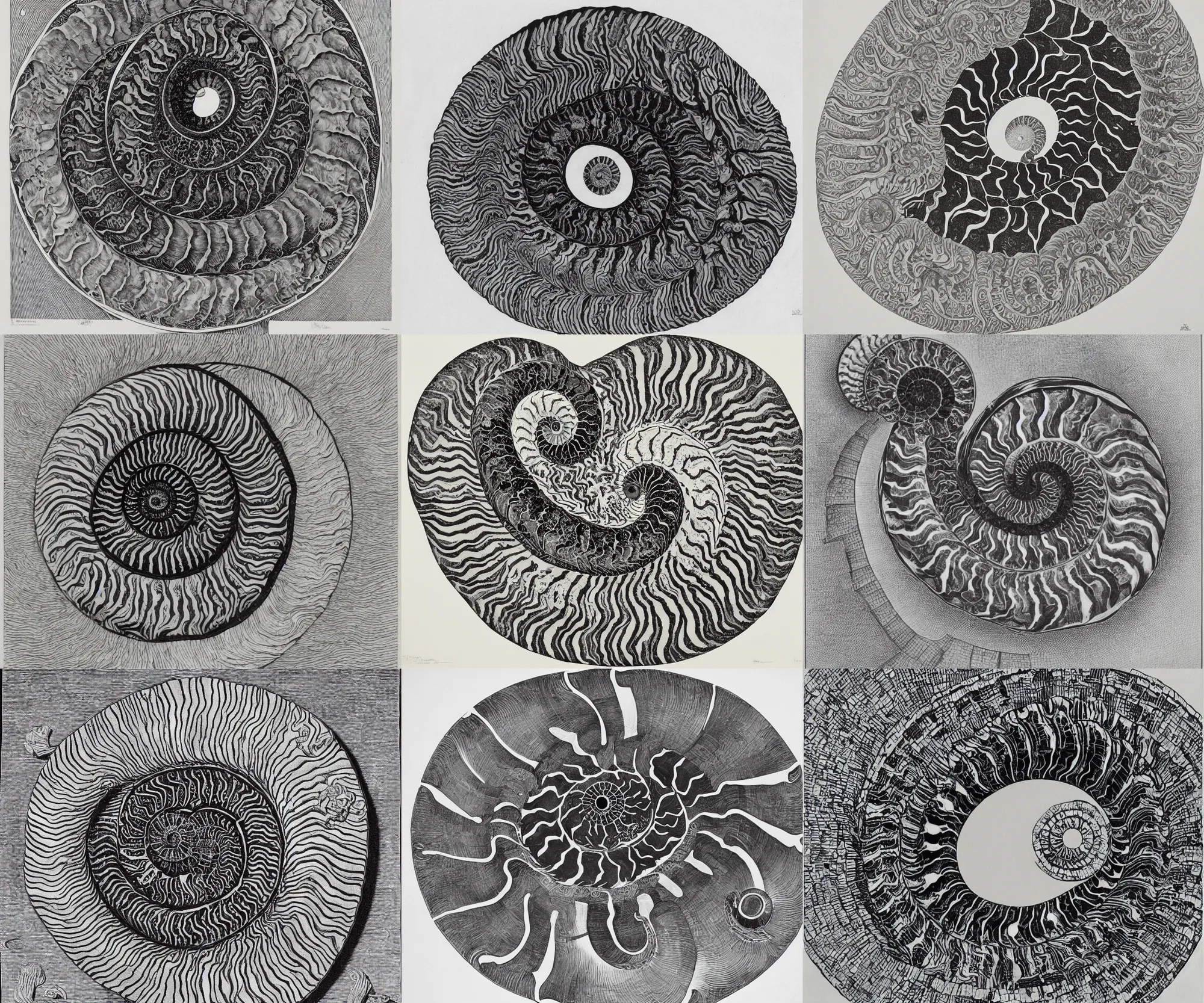 Prompt: an ammonite, drawn by m. c. escher and damien hirst and james tissot. woodblock, monochrome, 3 d, geometric, lithograph, hd