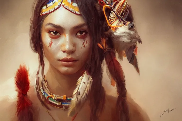 Prompt: A portrait a native american goddess by Ruan Jia and Mandy Jurgens and Artgerm and william-adolphe bouguerea, highly detailed, trending on artstation, award winning, H 768