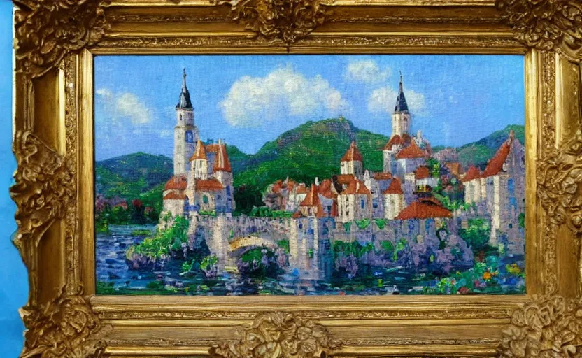 Image similar to a French impressionist oil painting of a lego castle