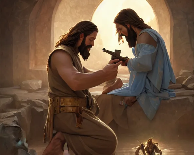 Image similar to photography of jesus christ teaching a child how to use a ak 4 7, d & d, fantasy, intricate, elegant, highly detailed, digital painting, artstation, concept art, matte, sharp focus, illustration, hearthstone, art by artgerm and greg rutkowski and alphonse mucha