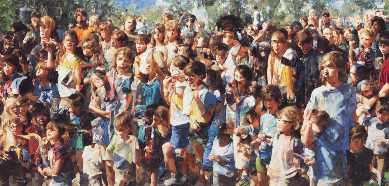 Image similar to a nerdy child stood looking at a group of cool children whilst singing echosmiths song cool kids, oil painting by James gurney