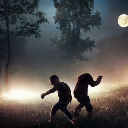 Prompt: two boys are escaping from the horde of zombies, volumetric lighting, moon light, hyperrealistic, beautiful details, HDR, octane render, action shot, wide angle, horror theme, cinematic,