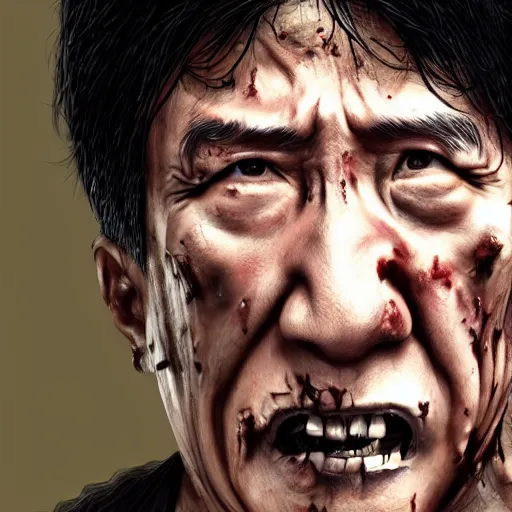 Prompt: a zombie Jackie Chan, by WLOP, horror, wounds, bloody, detailed, realistic, trending on artstation