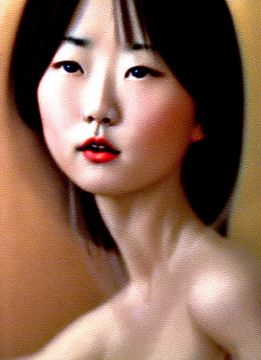 Prompt: vintage film still from Italy of pretty Asuka Saito stares in amusement at you. soft detailed painting at 16K resolution and amazingly epic visuals. epically beautiful image. amazing effect, image looks gorgeously crisp as far as it's visual fidelity goes, absolutely outstanding. vivid clarity. ultra detail. iridescent. mind-breaking. mega-beautiful pencil shadowing. beautiful face. Ultra High Definition. soft shading. soft texture. intensely beautiful.