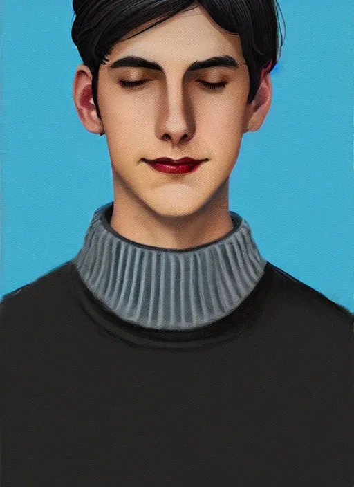 Image similar to portrait of teenage jughead jones wearing a light grey crown, crown, blue turtleneck, closed eyes, eyes closed, smile, crown, black hair, intricate, elegant, glowing lights, warm lighting, highly detailed, digital painting, artstation, concept art, smooth, sharp focus, illustration, art by wlop, mars ravelo and greg rutkowski