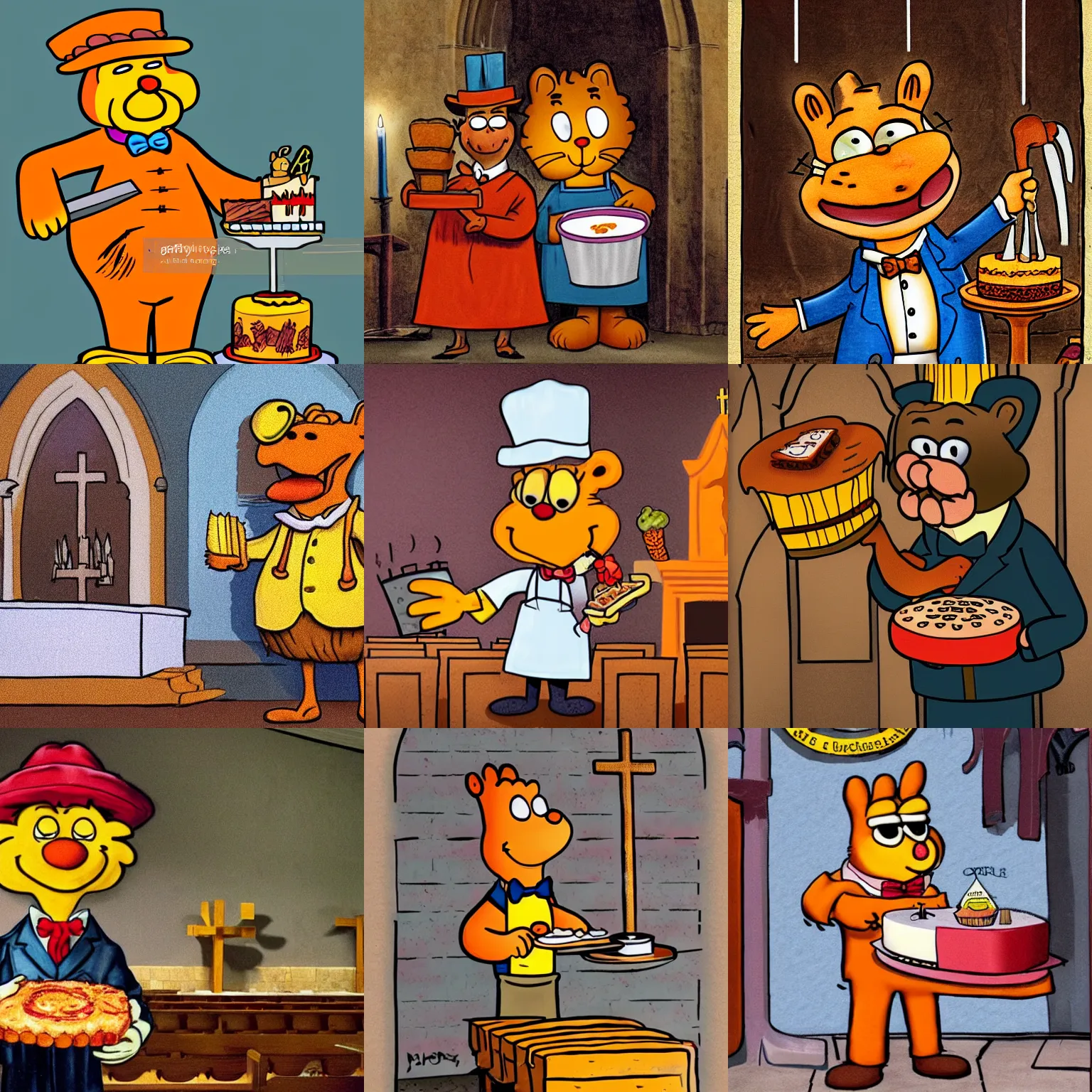 Prompt: Garfield dressed as a butcher holding cake in a church, Grafitti art