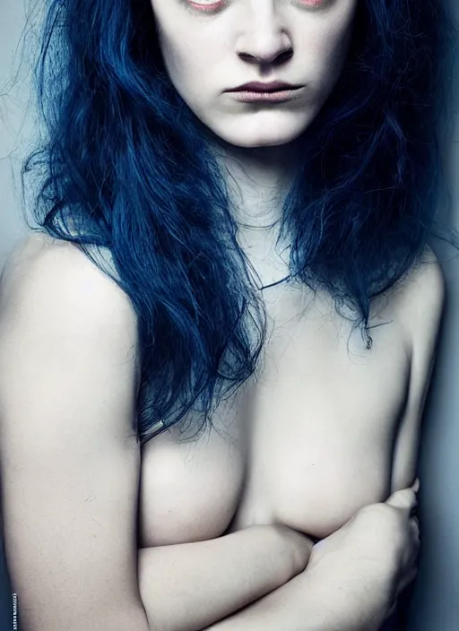 Image similar to portrait photograph of the most beautiful woman with a long dark blue hair, blue eyes, stern expression, lorenzo agius, alessio albi