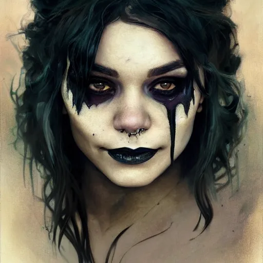 Image similar to beautiful portrait of vanessa hudgens as death from sandman, smiling, by cedric peyravernay, alphonse mucha, by jeremy mann, by lecouffe deharme, goth chic, soft lightning, eyeliner, punk rock, high detailed, 8 k